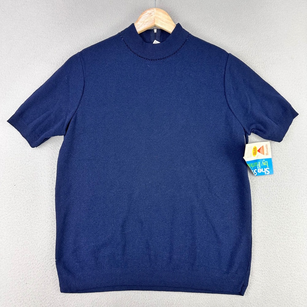 Vintage 70s She Shells Knit T-Shirt Womens S-M Blue Mock Neck Minimalist NWT